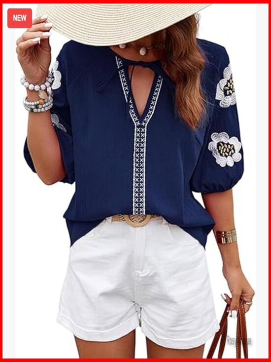 Tops - Floral Embroidered Peasant Blouse V Neck Puff Sleeve Boho Top